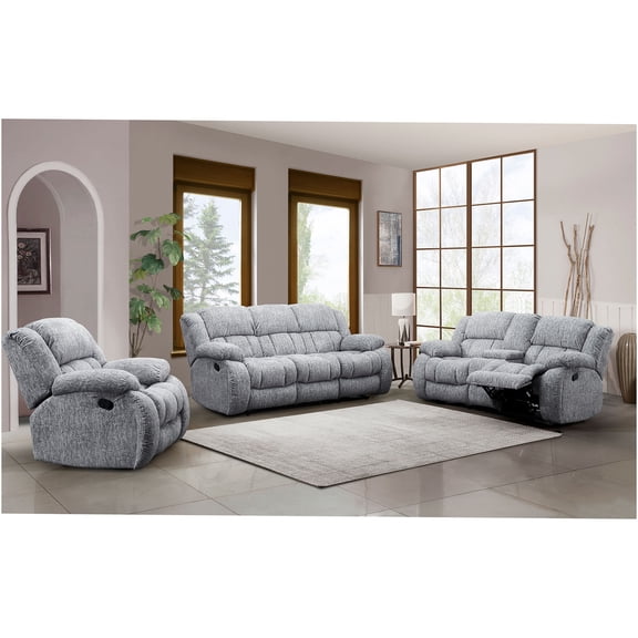 JERFIT Modern Gray 3-Piece Reclining Sofa Set with Loveseat and Chair, Manual Recliner, Plush Fabric Couch for Living Room