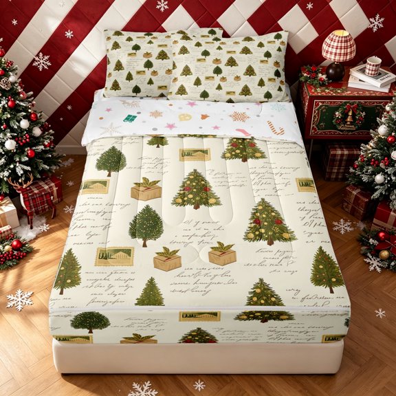 Erosebridal Christmas Tree Zipper Twin Comforter Sets with Fitted Sheet and 2 Pillowcases, Vintage Script Zipper Bedding Set, Cream Yellow, Christmas Reversible, 4pcs