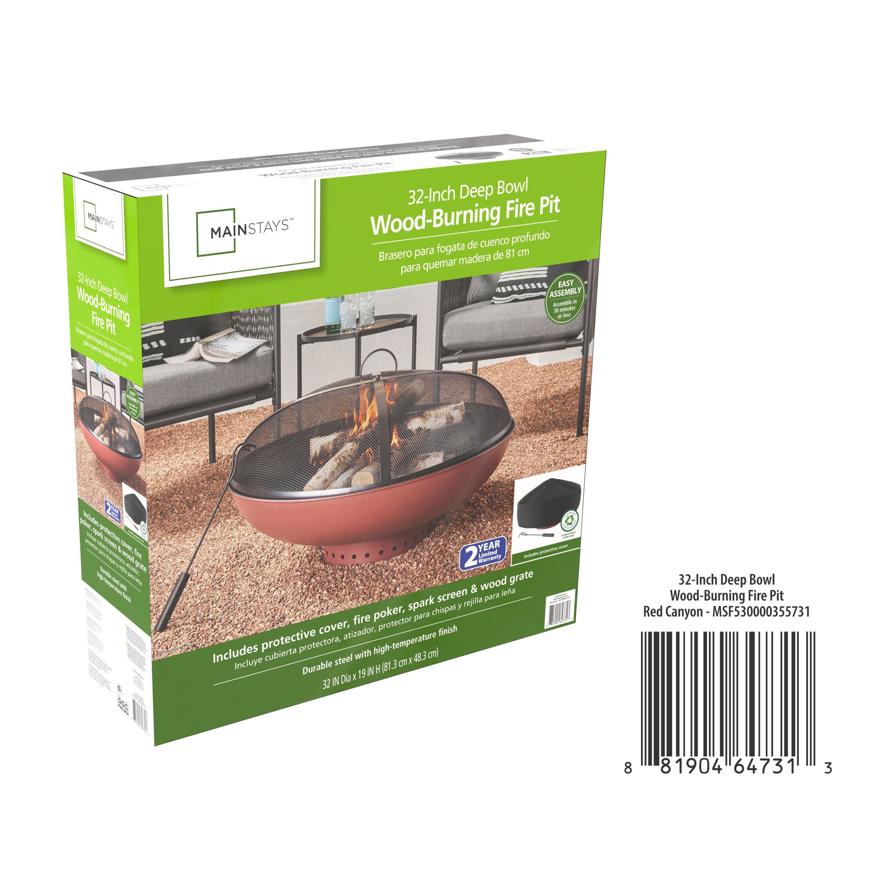 Mainstays 32" Round Terra-Cotta & Black High-Resistance Finish Steel Fire Pit