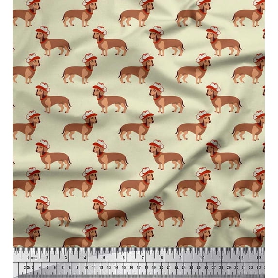 Soimoi Japan Crepe Satin Fabric Hat & Dachshund Dog Print Fabric by Yard 42 Inch Wide