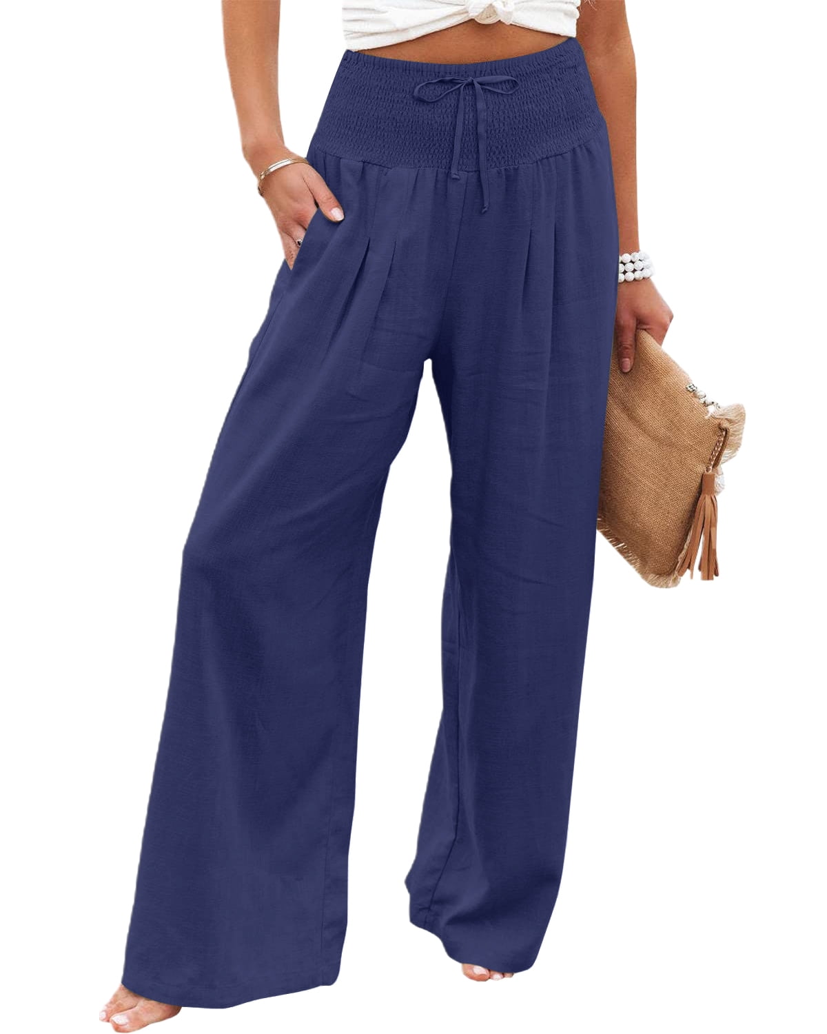 Flowy Linen Relaxed Wide-Leg Pants with Waistband-Canvas main image 1