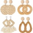 thumbnail image 1 of 4 pares de aretes de ratán, aretes bohemios tejidos con borlas geométricas livianas, aretes colgantes de aro trenzado de mimbre de paja hechos a mano para mujeres y niñas (st, 1 of 5