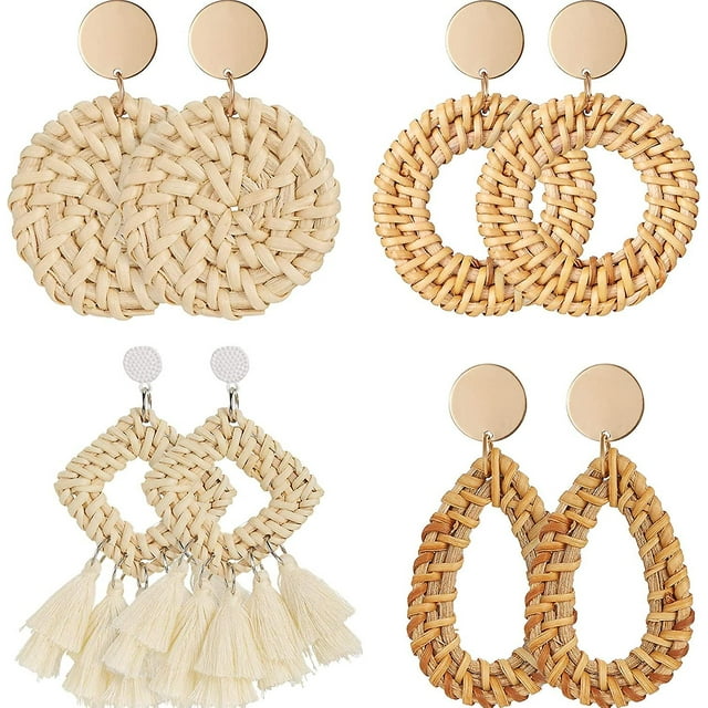 4 pares de aretes de ratán, aretes bohemios tejidos con borlas geométricas livianas, aretes colgantes de aro trenzado de mimbre de paja hechos a mano para mujeres y niñas (st