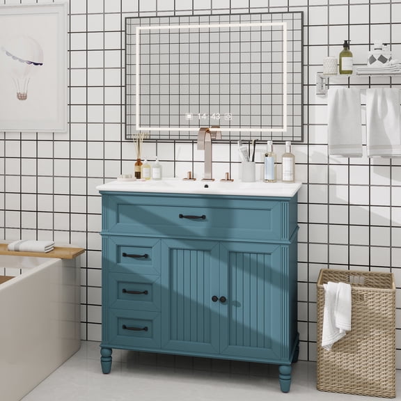 36" Bathroom Vanity with Sink, Blue Bathroom Cabinet with Drawers, Solid Frame and MDF Board, One Package
