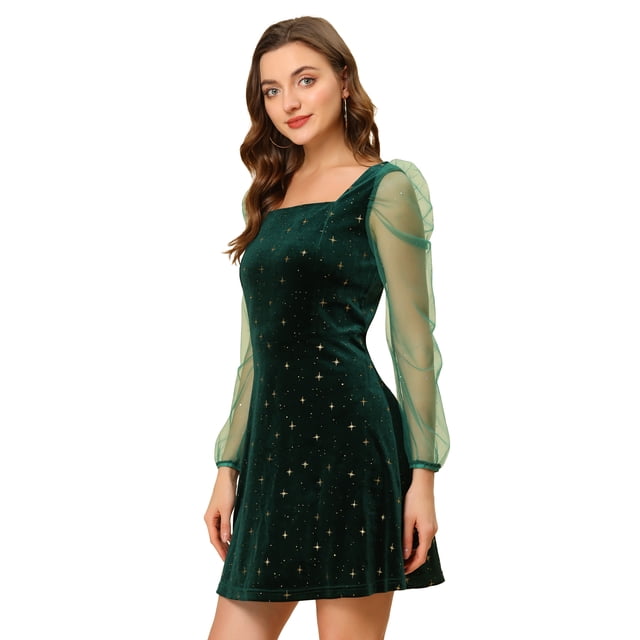 Minivestido Corto de malla Transparente Allegra K con cuello Cuadrado Verde oscuro L