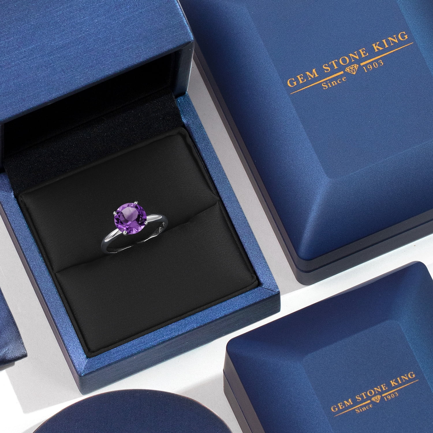 Gem Stone King 14K White Gold Purple Amethyst Solitaire Engagement Ring for Women | 1.70 Cttw | Round 8MM | Gemstone February Birthstone | Size 5