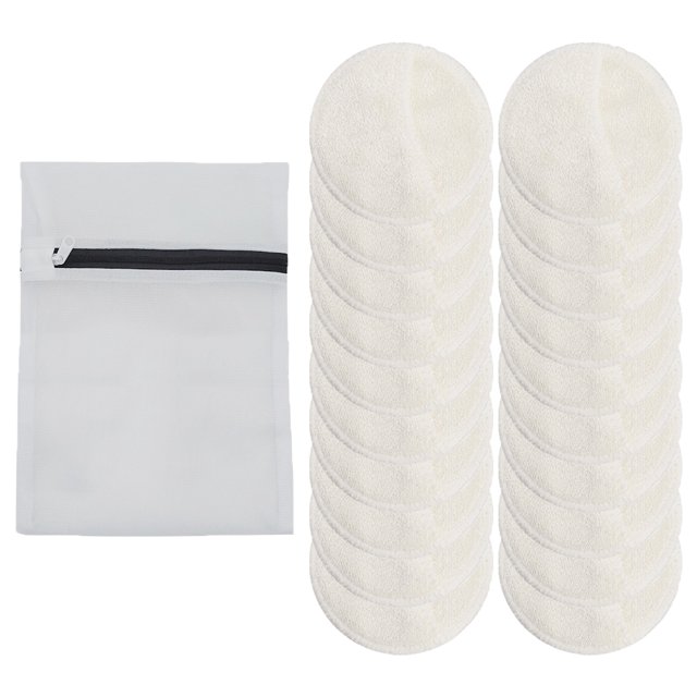 almohadillas desmaquillantes reutilizables paula's choice 10 unidades, dos columnas de rondas blancas de algodón ecológico y bambú con textura de felpa y borde cosido, acompañadas de una bolsa de malla blanca con cremallera para lavandería y almacenamiento; también suelen usarse para aplicar tónico o exfoliante en la rutina facial.