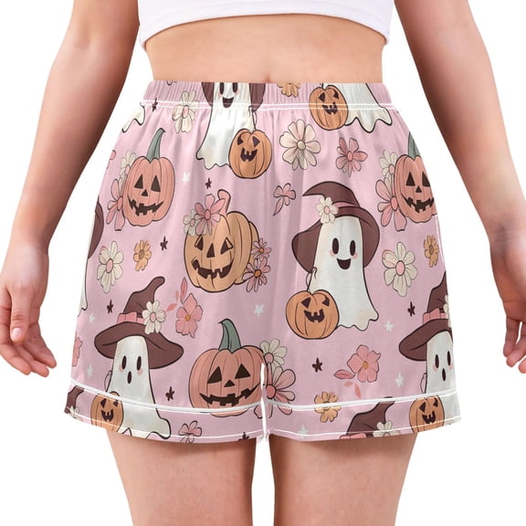 Halloween Pumpkin and Ghost Women's Pajama Shorts Silky Satin Casual Lounge Sleep Zero Pressure