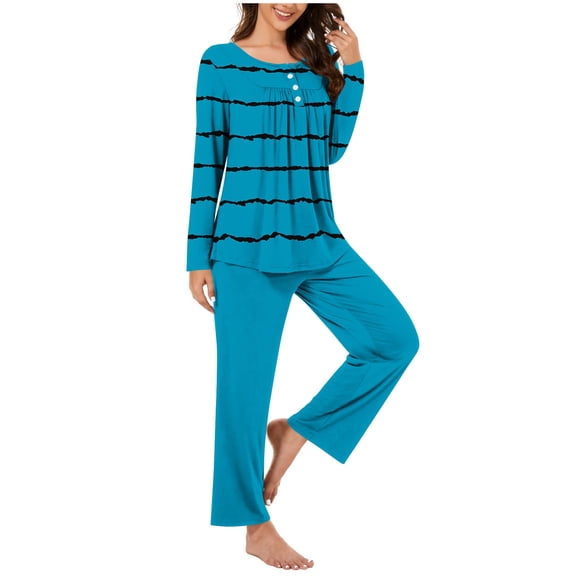 zfwon Pajama Set Women Casual Printed/Solid Long Sleeve Button Down Crew Neck Tops & Wide Leg Trousers Relaxed Loungewear Sleepwear 2 Piece Matching Set Spring Autumn