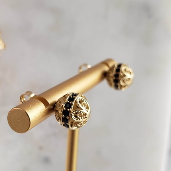 Turkish Bling Petite Filigree Black Spinel Ball Stud Earrings Gold Finish