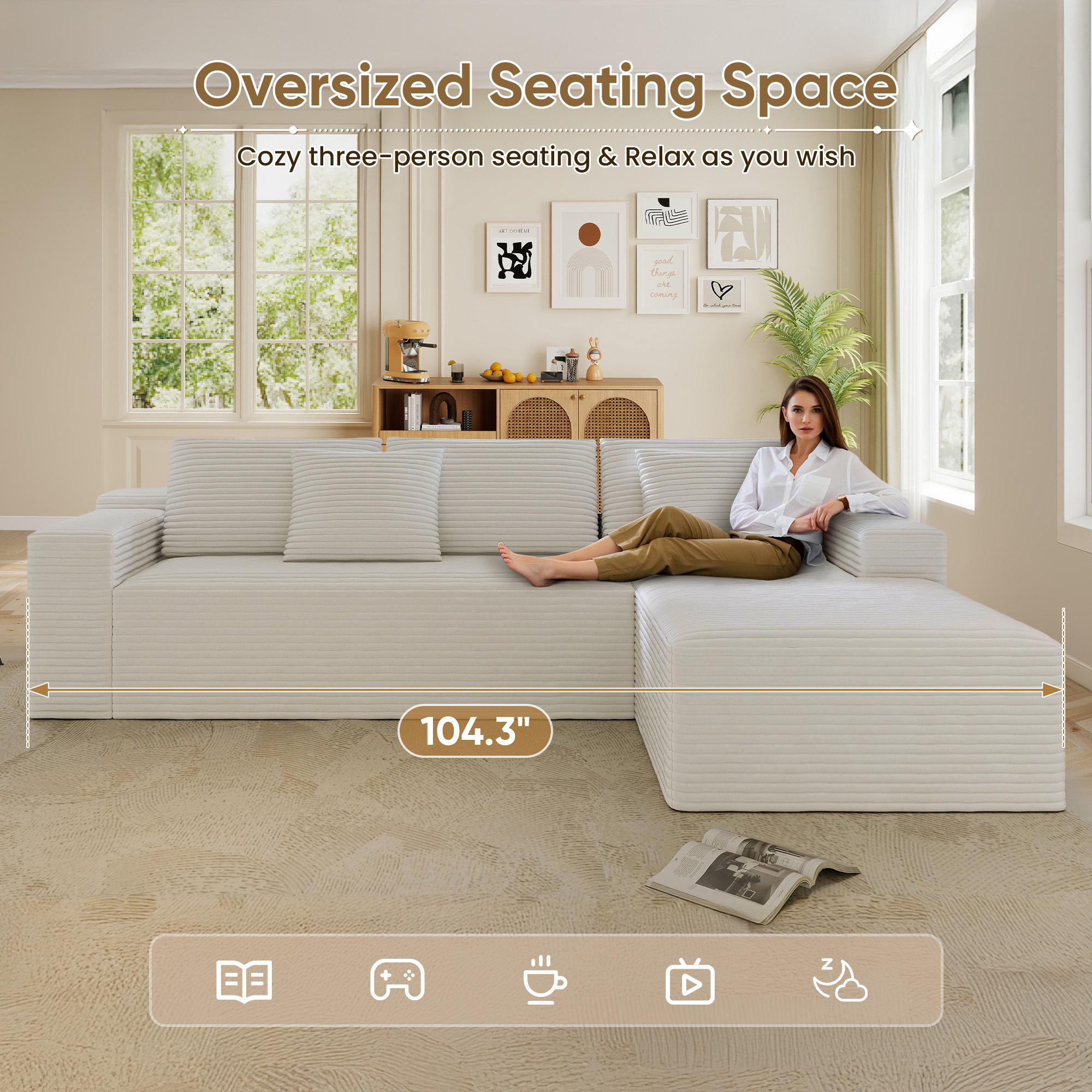 Lunale 104" Cloud Sectional Sofa with Right Chaise, Oversized Modular L-Shaped Couch, Plush Corduroy Sleeper Couch for Living Room, No Assembly Required, Beige