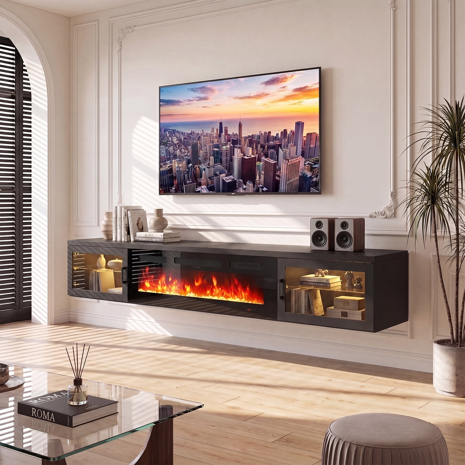 BaPiPro Floating TV Stand with fireplace for TV's up to 90", 80" Wall Mounted Floating Entertainment Center with LED Lights, Modern Fireplace TV Console for Living Room, Black