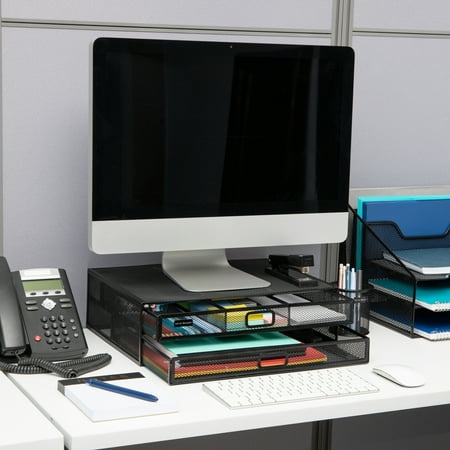 Mind Reader - Monitor Stand, Ventilated Laptop Riser, Storage Drawer, Office, Metal Mesh, 15.75"L x 11.75"W x 4.5"H - Black
