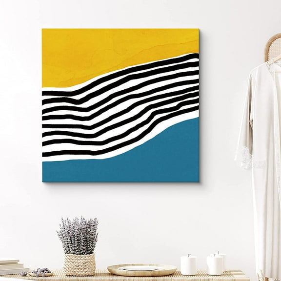 PixonSign Canvas Print Wall Art Black Stripes Between Orange and Blue Blocks Geometric Shapes Illustrations Modern Art Modern Colorful Multicolor Pastel for Living Room, Bedroom, Office - 24x24 inches