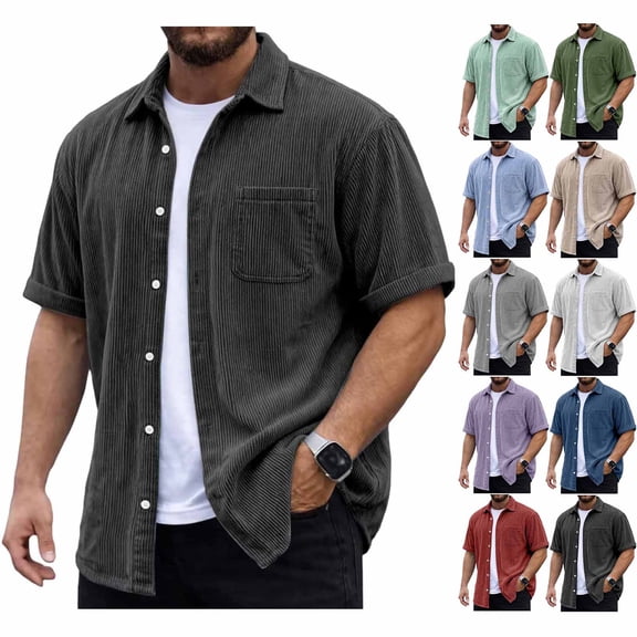 WIZUTIZ Men's Retro Solid-Color Corduroy Lapel Short-Sleeved Shirt Button Down Overshirt Loose Stylish Solid Color Shirt