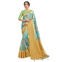 Sarees for Women Banarasi Art Silk Digital Print Sari with Zari Resham Woven Border - Indian Gift Saree & Unstitched Blouse Turquoise