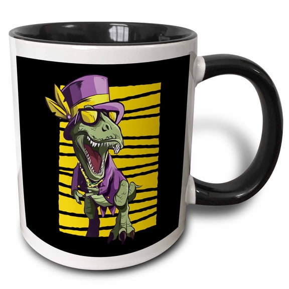 3drose, Mardi Gras Celebration with Dinosaur T-rex, 15oz Two-tone Black Mug