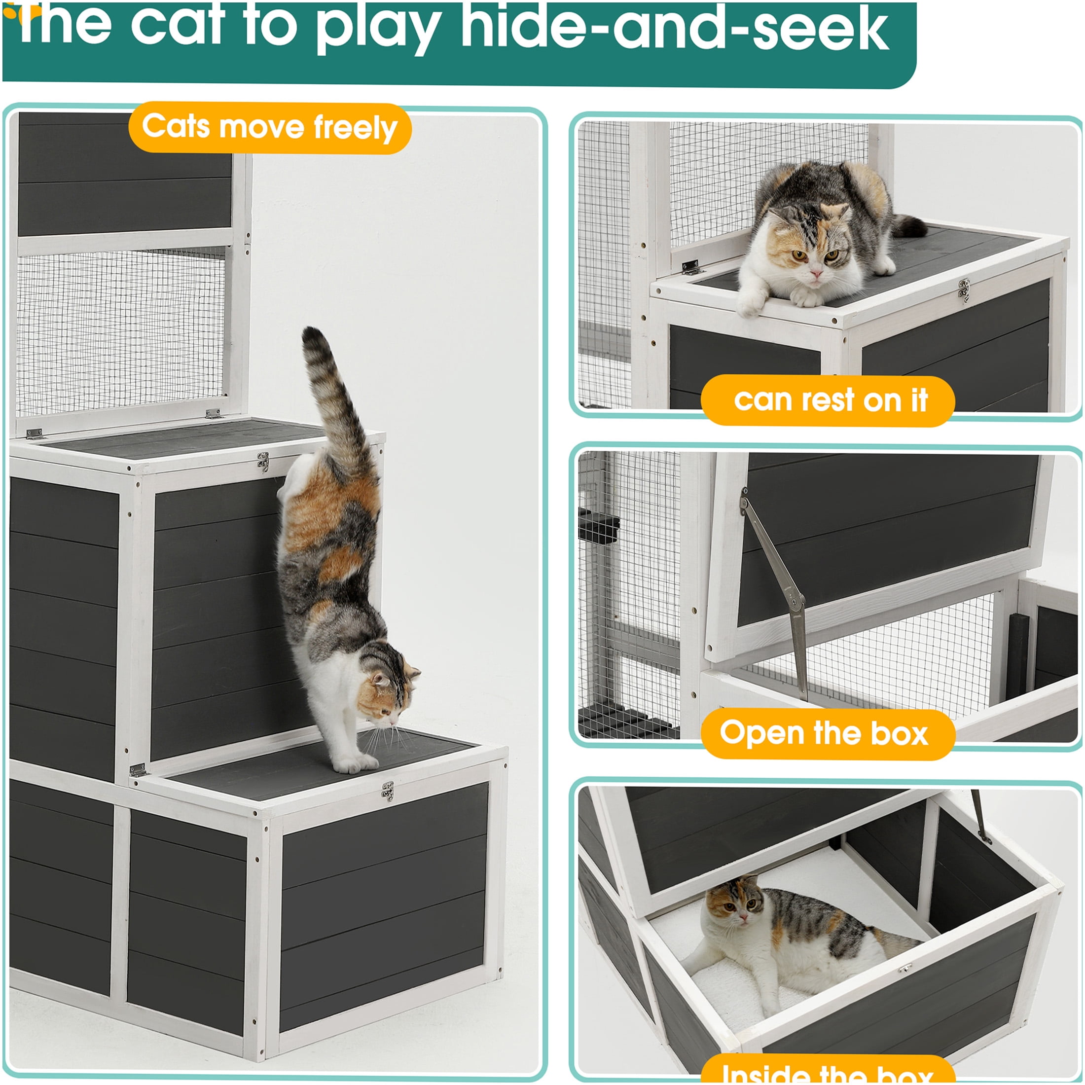 JERFIT 3-Tier Cat House with 4 Platforms & Jump Box, 71" Tall Indoor/Outdoor Wooden Kitty Condo Enclosure for Multiple Cats, Gray