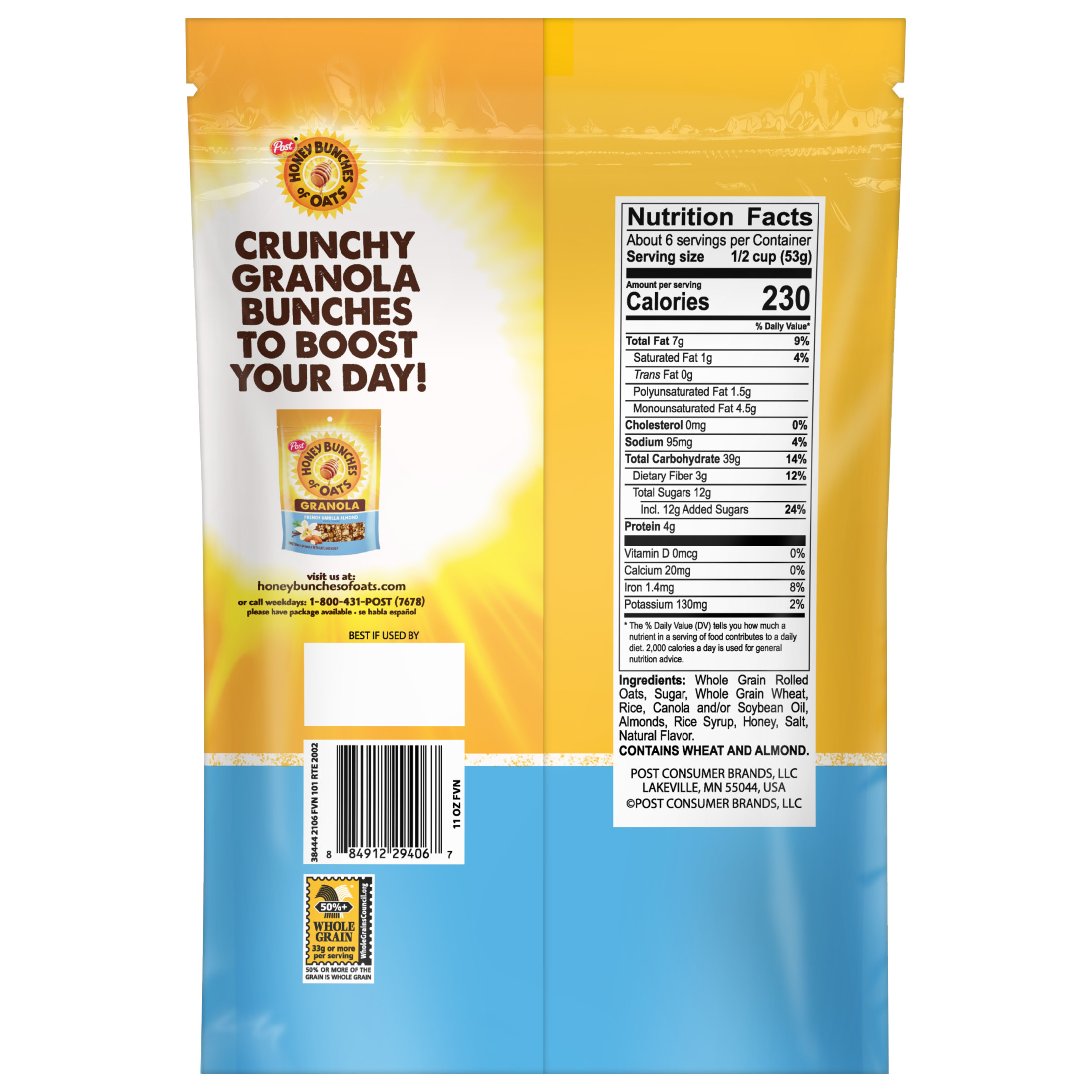 Post Honey Bunches of Oats French Vanilla Almond Granola Cereal, Vanilla Granola with Crushed Almonds, 11 oz Granola Bag - image 4 of 5