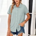 thumbnail image 6 of Solid Button Down Shirts for Women Short Sleeve Bust Pocket V Neck Collared Shirts Summer Business Casual Work Tops, Light Blue XXL, 6 of 7