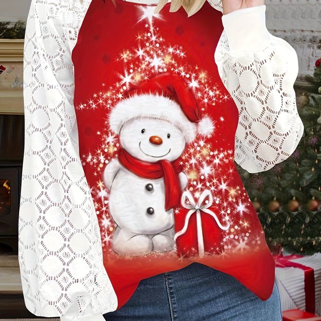 Plus Size Christmas T-shirt, Women's Plus Christmas Reindeer & Slogan Print Contrast Lace Long Sleeve Round Neck Slight Stretch T-shirt