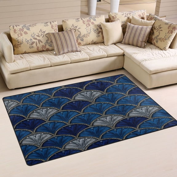 31x20in Area Rug Machine Washable Floor Mats Skid-Resistant Backing Carpet for Home Kitchen Bedroom Dark Blue Fan-shaped Pattern