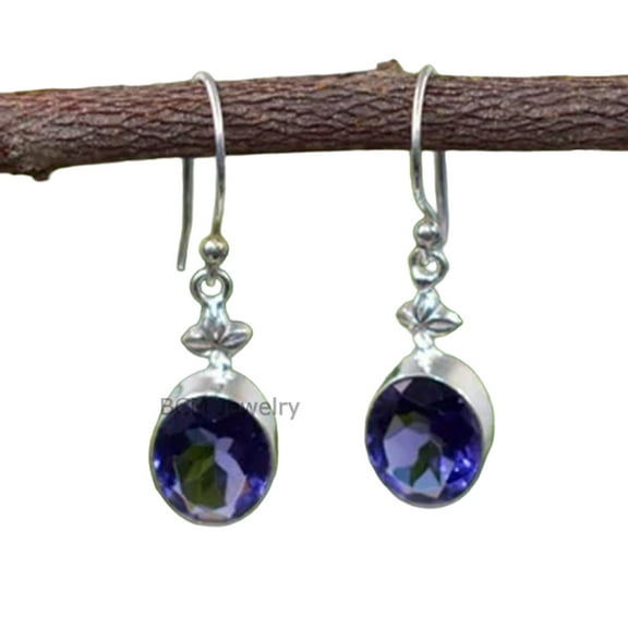 925 Sterling Silver Earrings For Womens, Bridesmaid Gift Earrings, Iolite, Gemstone Earrings, Flower Christmas Gift For Her