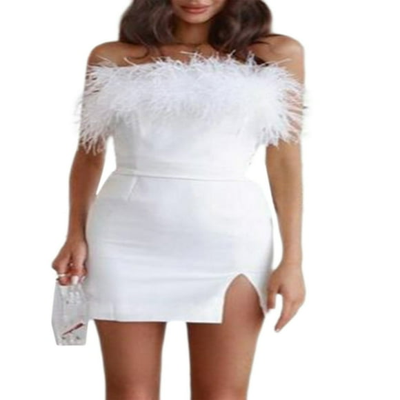Women‘s Sexy Feather Party Coctail Dress Faux Fur Trim Elegant Spaghetti Strap Bodycon Mini Dress Evening Club Wear