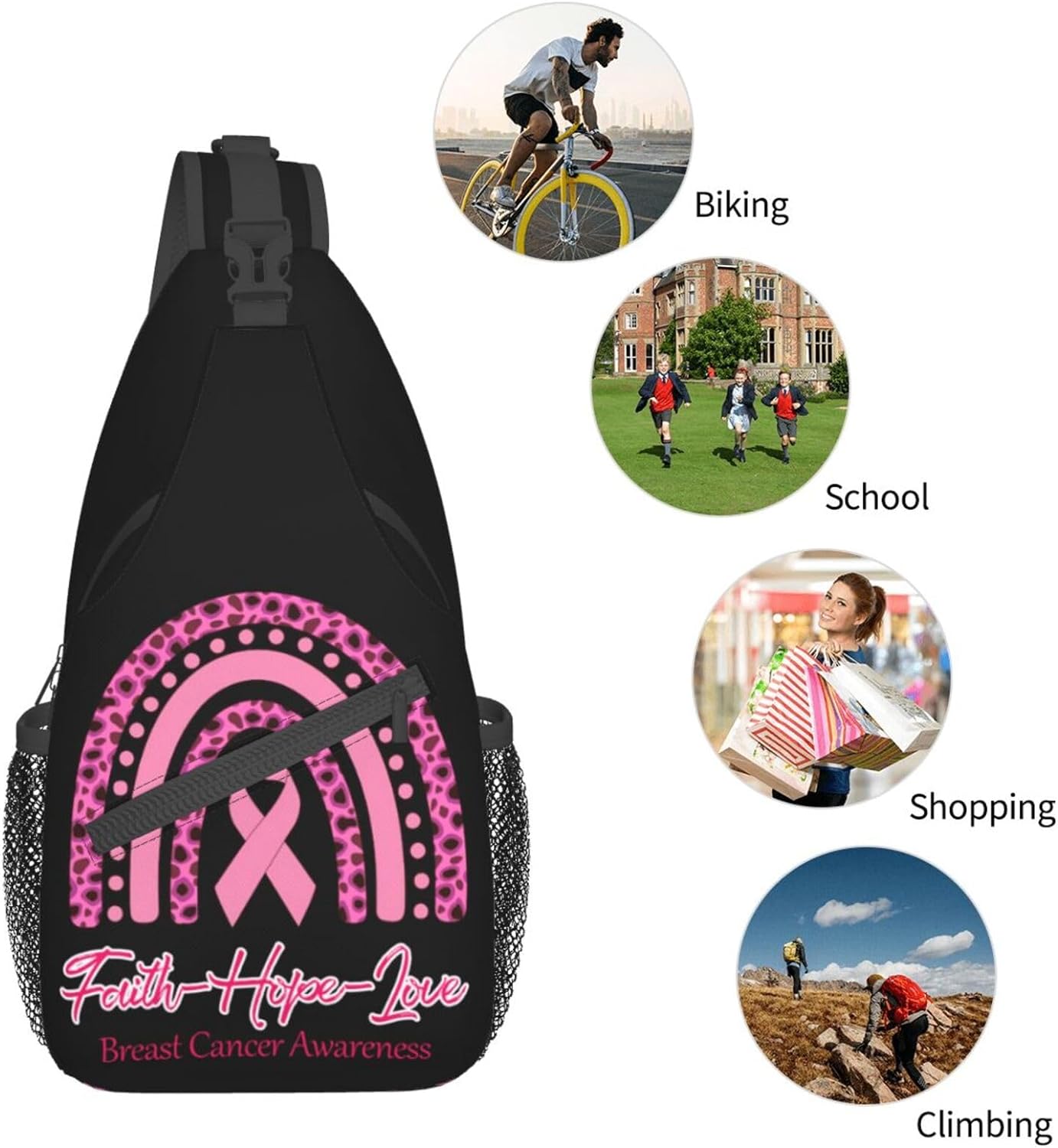 Breast Cancer Awareness Faith Love Hope Rainbow Sling Bag Crossbody Hiking Travel Chest Bags Backpack Shoulder Daypack for Women Men