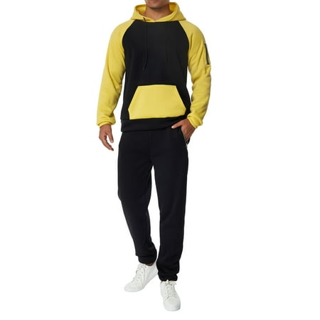

Peyakidsaa Men s Fitness Sports Pants Set Contrast Color Patchwork Drawstring Hooded Sweater + High Stretch Pants