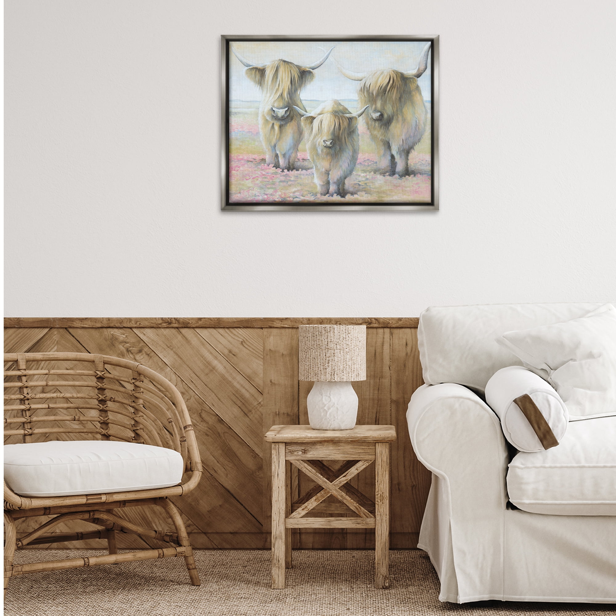 Stupell Industries Gentle Cattle Trio Animals & Insects Painting Gray Floater Framed Canvas Art Print Wall Art, 31 x 25