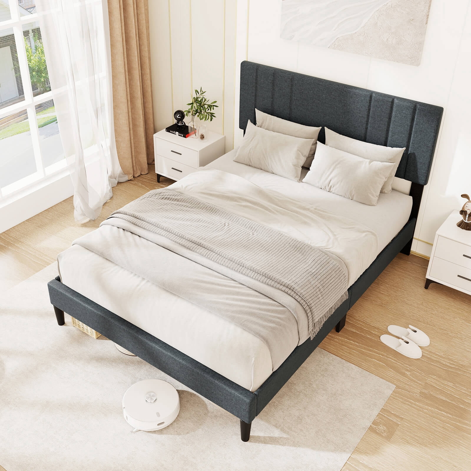 Infans Full Size Bed Frame with Vertical Channel Tufted Headboard & Wooden Slats