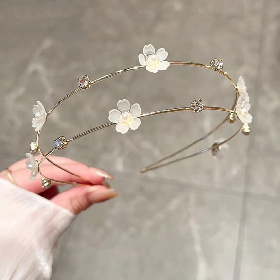 Double Layer Hairband Flower Pearl Crystal Rhinestones Headband for Women Headwear Shiny Rhinestone Hair Band Hair Hoop Hair Accessories Perfect for Wedding Party