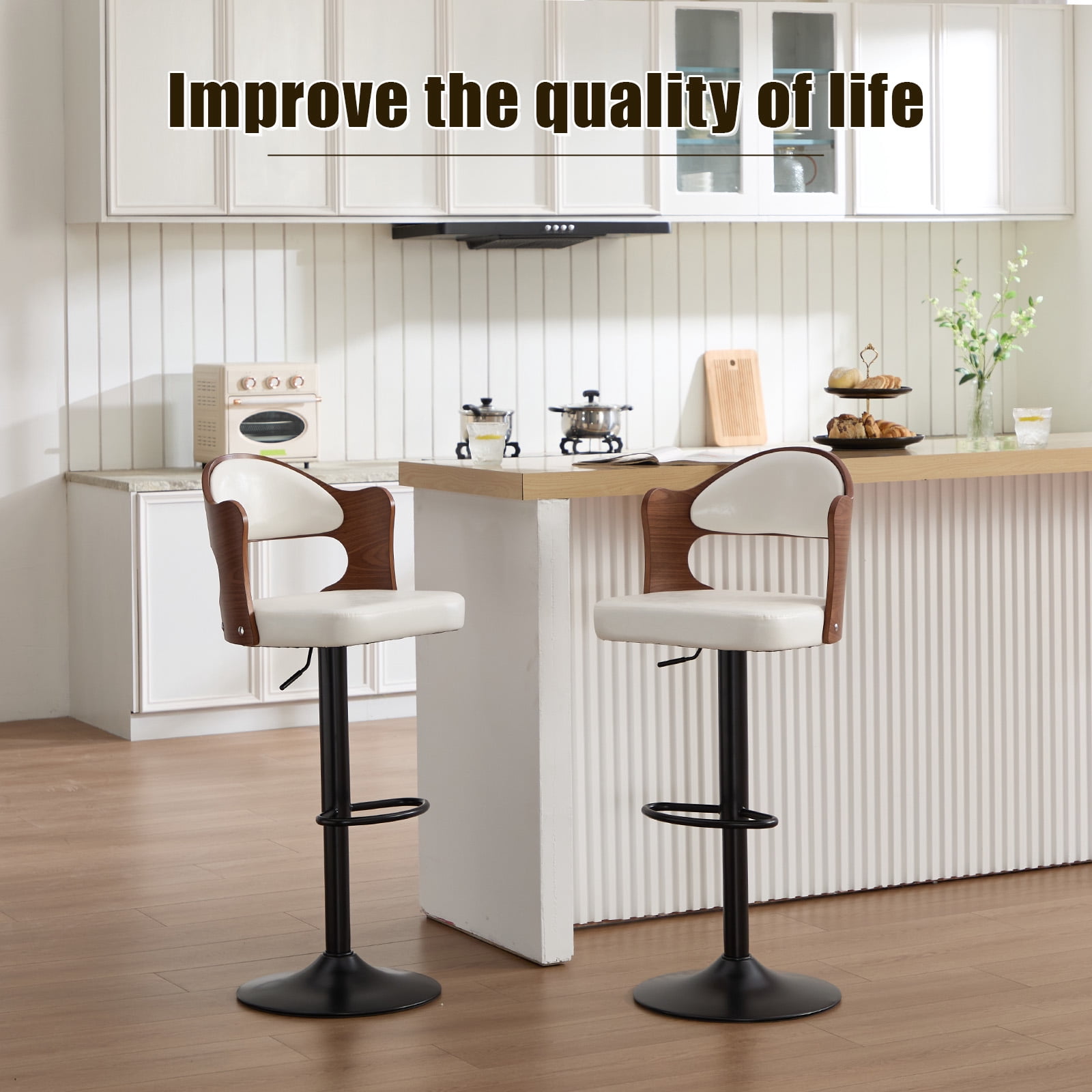 Homefun Swivel Bar Stools Set of 2,Wooden Upholstered Scratch-Resistant Fabric with Back,Chairs for Kitchen Island,White