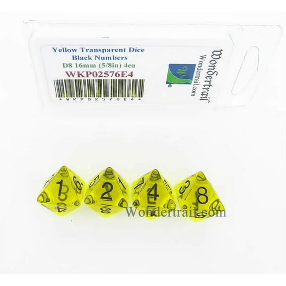 Yellow Transparent Dice with Black Numbers D8 16mm (5/8in) Pack of 4 Wondertrail
