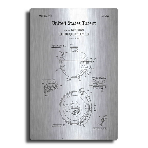 Luxe Metal Art 'Barbeque Kettle Blueprint Patent White' Acrylic Glass Wall Art, 12"x16"