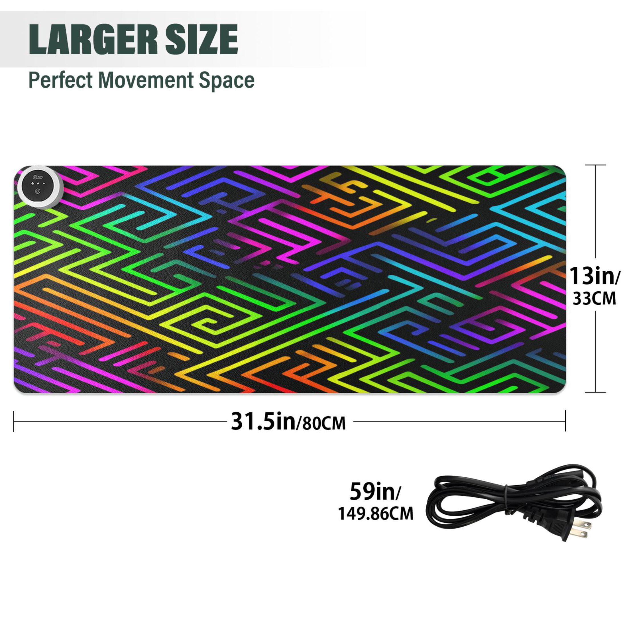 Large Heated Desk Mat Mouse Pad 31.5"x13"PU Leather Graphene Heating Desk Warmer with 3 Temperature Settings 110V US Plug Non-Slip Warm Pad for Home, Office, and Gaming Rainbow Neon Labyrinth Print