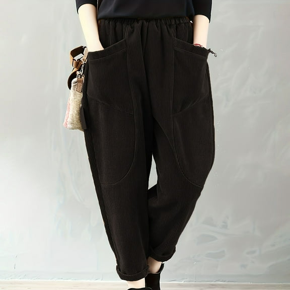 Tittly Palazzo Pants Wide Leg Pants Women's Autumn And Winter Elastic Waist Large Fashionable Corduroy Loose Outerwear Pants Baggy Pants Plus Size Pants Black L