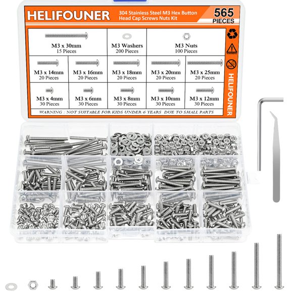 HELIFOUNER 565 Pieces M3 x 4mm /6mm /8mm /10mm /12mm /14mm /16mm /18mm /20mm /25mm / 30mm, Button Head Socket Cap Metric Screws Bolts Washers Nuts Kit, 304 Stainless Steel