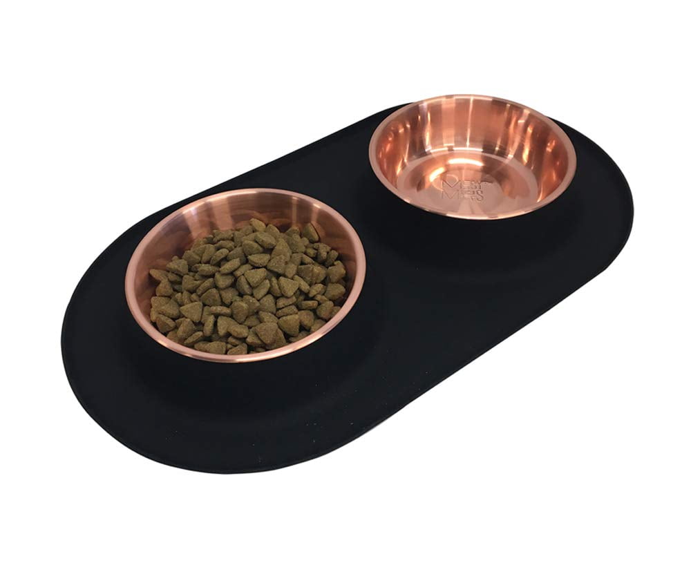 Messy Mutts Double Silicone Feeder with Copper-Colored Stainless Bowls | Non-Skid Food Dishes for Dogs | Sizes Available for All Pets | Dog Food Bowls | Large, 3 Cups Per Bowl | Black