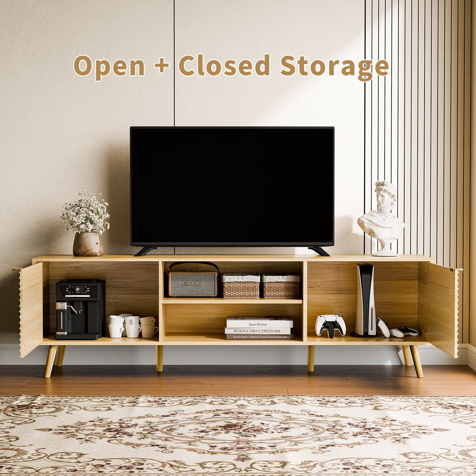 TV Stand for 40-65 inch TVs, Modern Entertainment Center with Storage Cabinet & Drawers, Heavy-Duty Wood Console Table with Cable Management, Easy Assembly for Living Room, Natural Oak