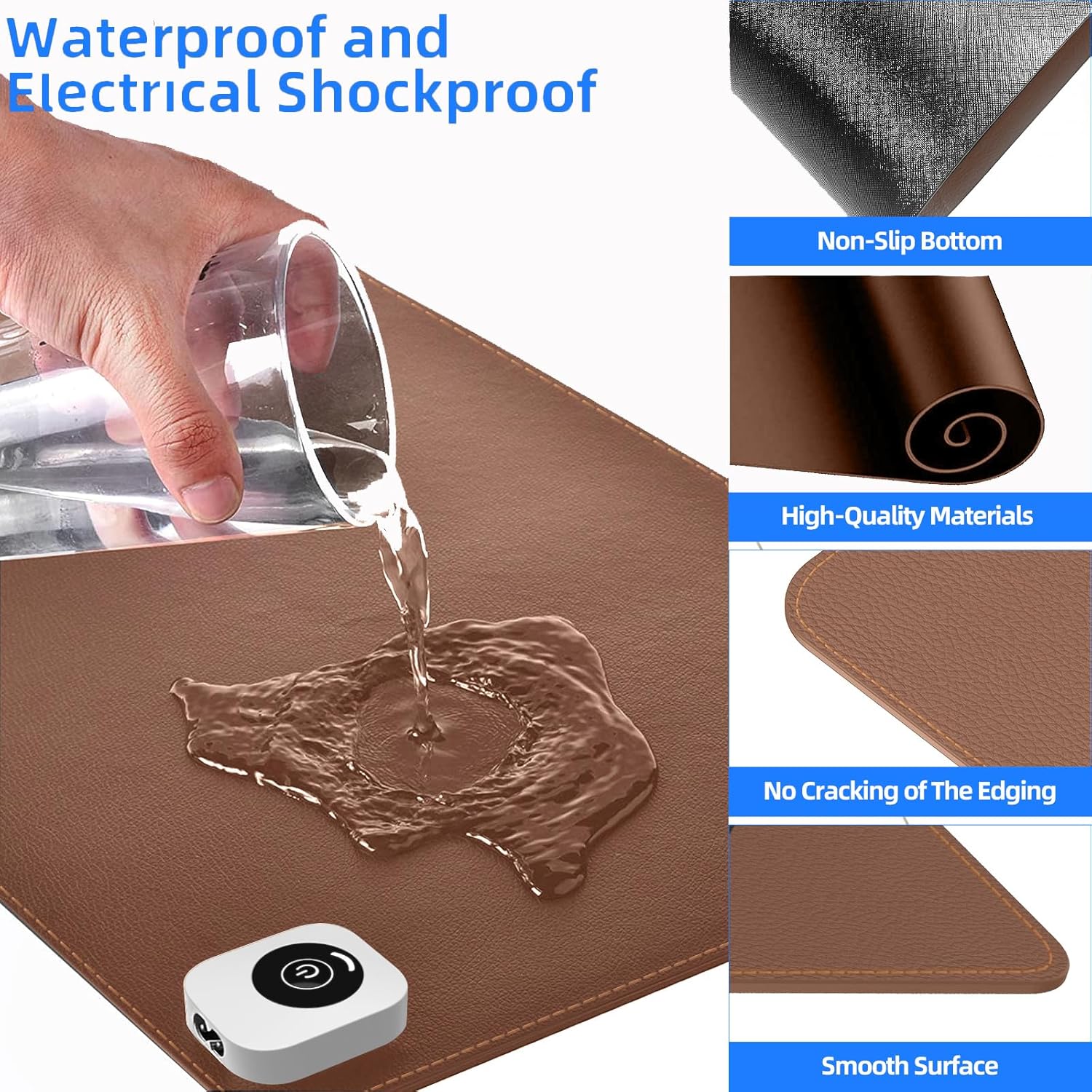 Heated Desk Pad Mouse Pad - Heated Desk Mat - Warm Desk Pad - 3 Levels Heating & 4 Hours Auto Shut-Off, PU Leather Mouse Pad - 31.5 x 13 inch (Brown)