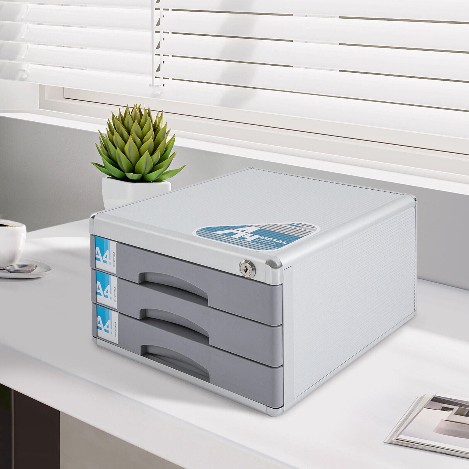 3 Tiers Desktop Drawer Organizer, Aluminum Alloy File Organizer, Lockable Drawer