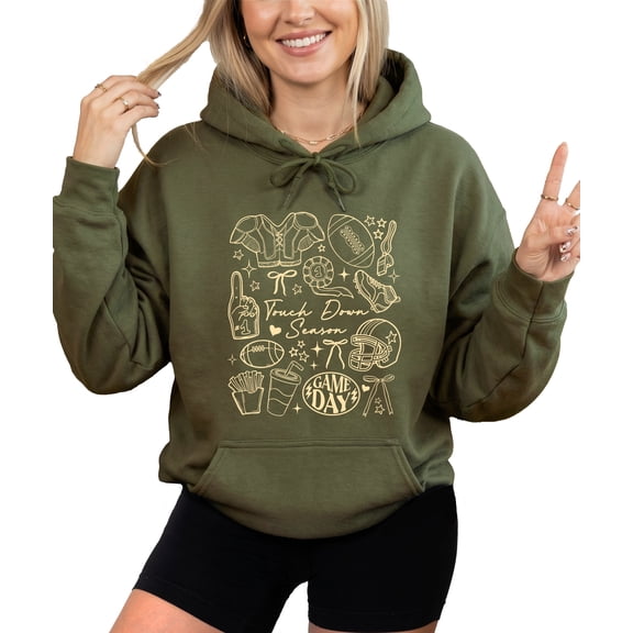 Touch Down Season Football Hoodie for Women & Teen Girls Cute Game Day Collage Sweatshirt Army Green Hoodie Medium