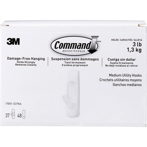 3M™ Command™ Utility Hooks, Medium, 5-5/8" x 3-13/16" x 5-1/8", White, Box Of 37 Hooks