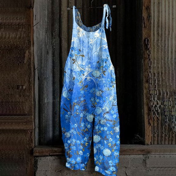 Floral Boho Cotton Linen Summer Overalls for Women 2025 Hippie Jumpsuit Print Spaghetti Strap Rompers Blue M