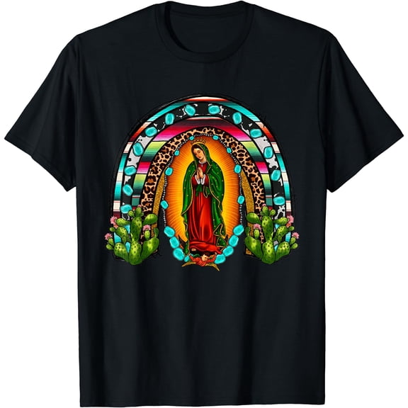 Our Lady of Guadalupe Saint Virgin Mary Serape Rainbow T-Shirt Black Small