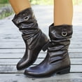 thumbnail image 2 of Retro Slouch Wide Mid Calf Boots for Women Ruched Leather Pointed Toe Chunky Low Heel Dress Short Booties Brown Size 7, 2 of 5