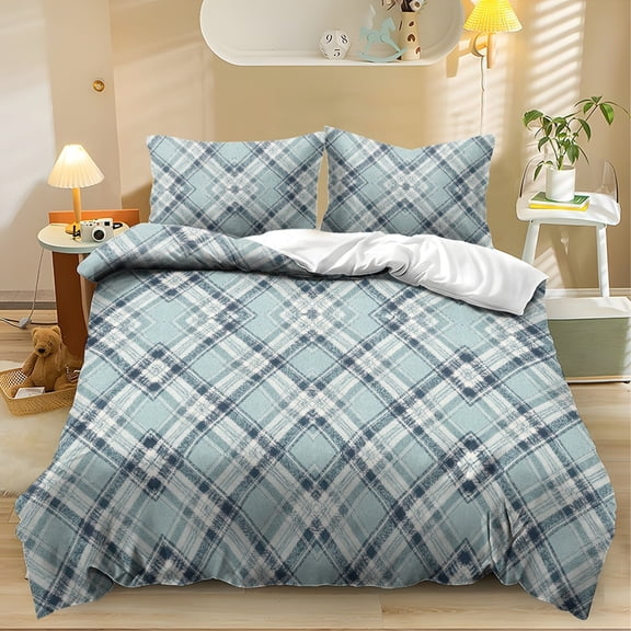 ZIATUBLES Blue Plaid Print Twin Size Duvet Cover Set, 3 Pieces Soft Cozy Bedding, 1 Duvet Cover & 2 Pillowcases, Easy Care Lightweight Bedding for All Season, Chic Modern Decor