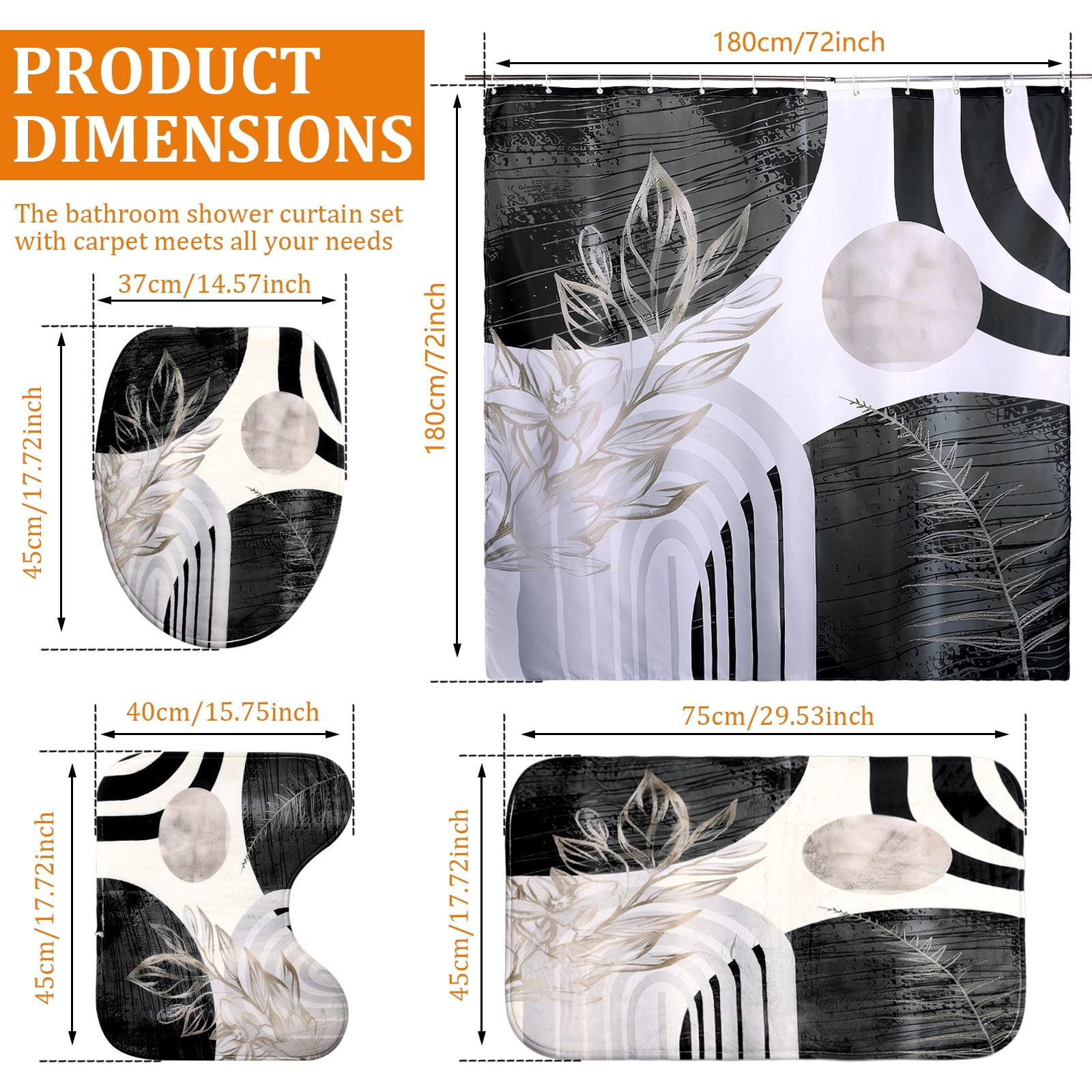 Dznils Boho Fabric Shower Curtain and Rug Sets, 16pc Modern Abstract Bathroom Sets, Black, 72" x 72"